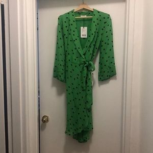 Ganni Dainty Wrap Green Polka Dot Dress NWT